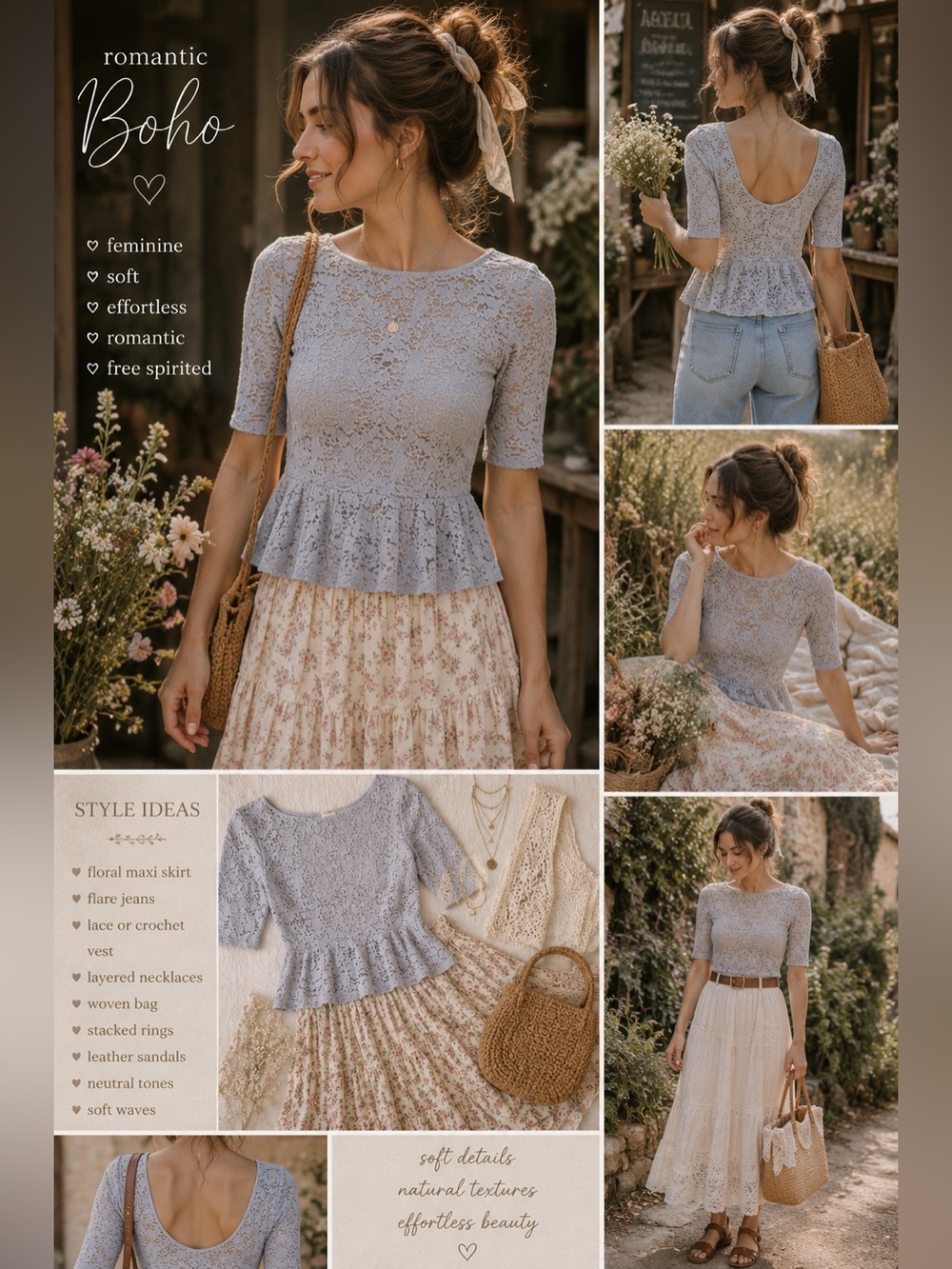 Free People “Second Chance” Gray Stretch Lace Peplum Blouse XS Romantic Boho R